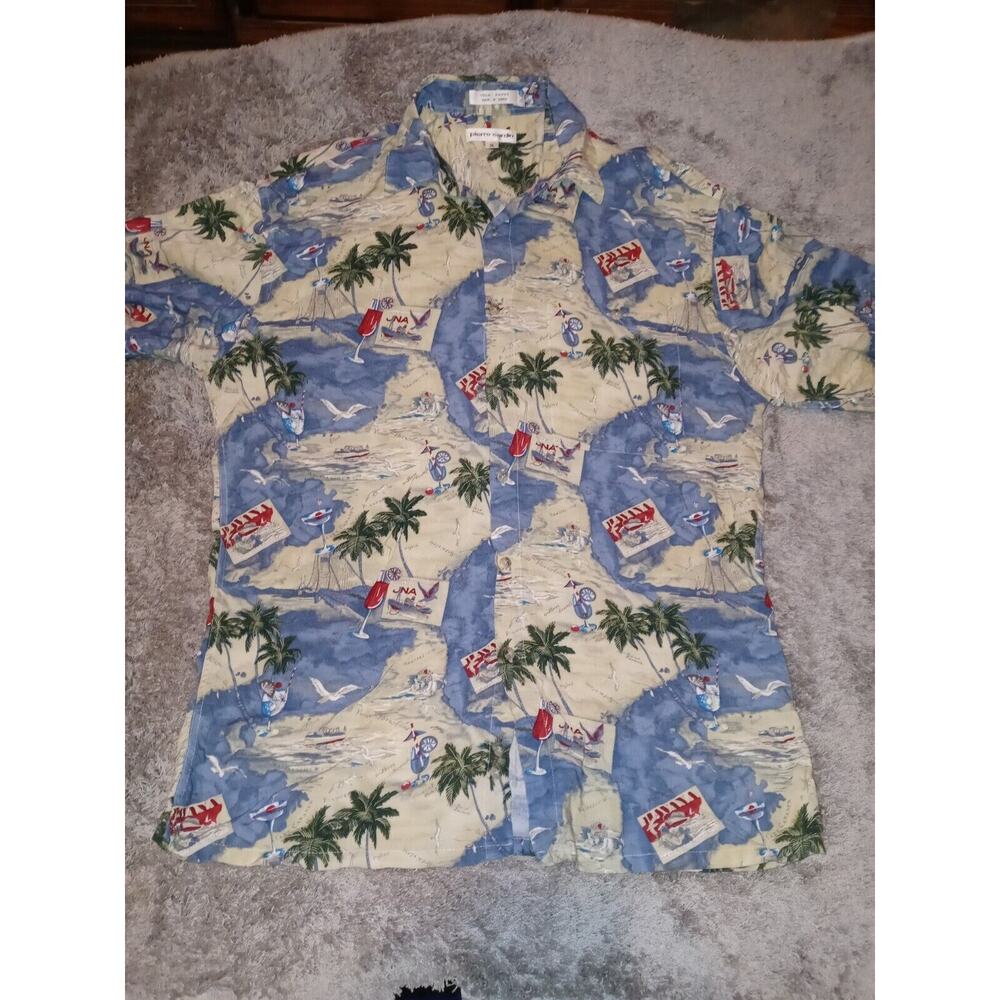 Pierre Cardin Mens SS Button Up Hawaiian Shirt w Cocktail & Palm Trees Sz M